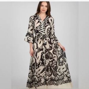 Boho Chic Motel Maxi Dress – Black & Cream Ikat Print w Fringe & Tassel Details